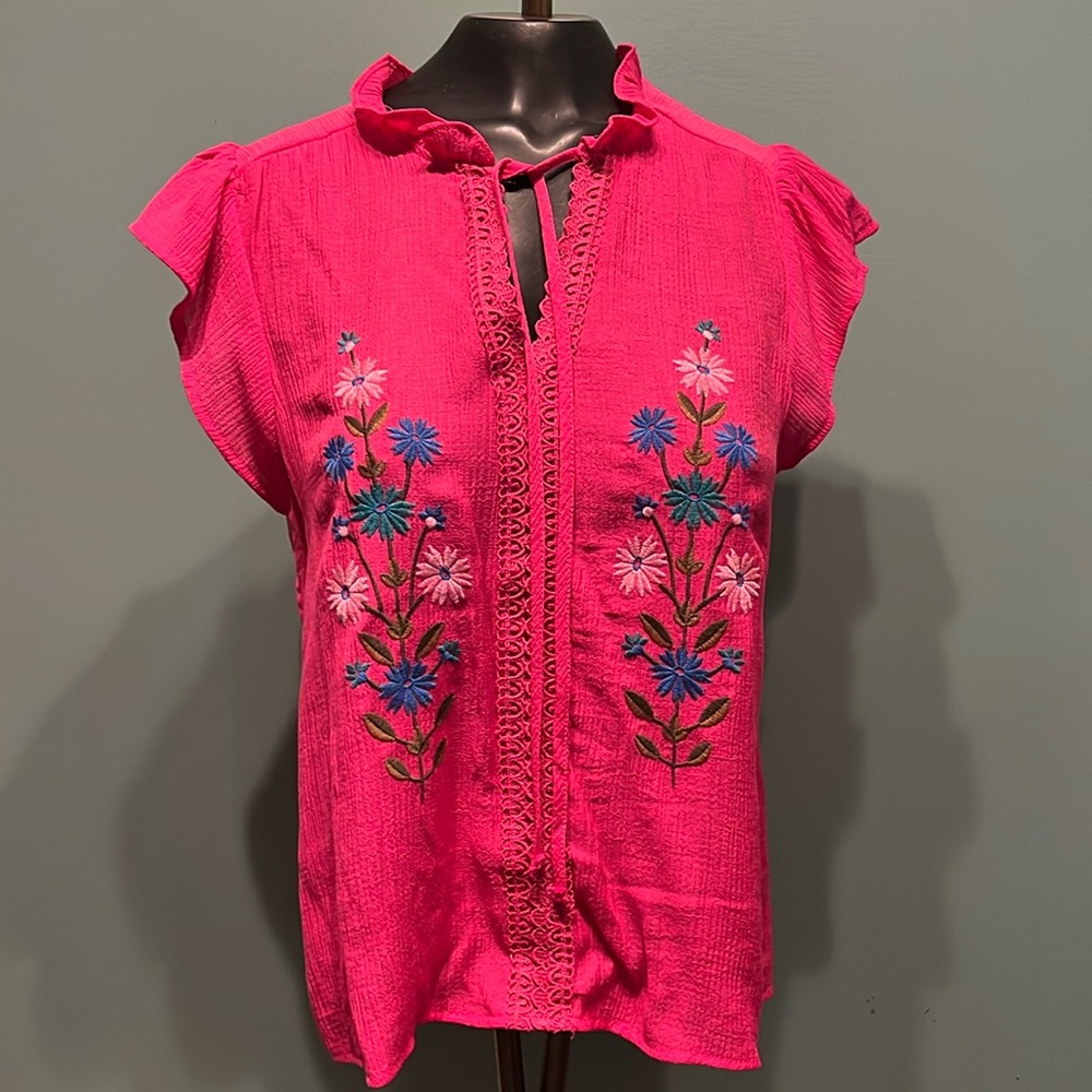 Blu Pepper Pink Ruffled Embellished Blouse with Mandarin Collar